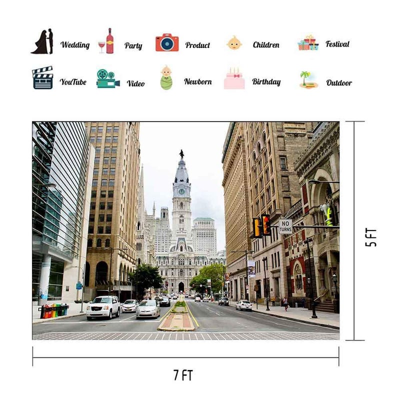 EOA 7(W) x5(H) FT City Hall Philadelphia Backdrop Philly City Downtown Pennsylvania USA American City Street View Photography Background Birthday Events Decoration Kids Adults Photoshot Props Studio - Image 2